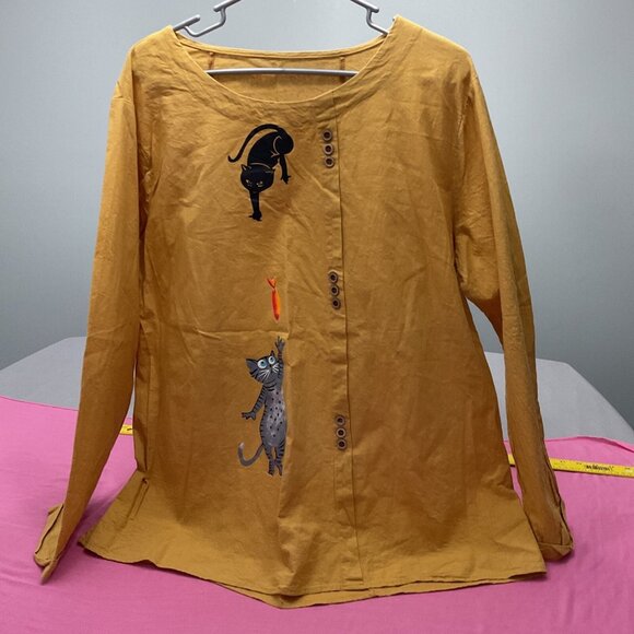 Gracila Women’s Plus 4XL Blouse L/S Top Fish Cats Mustard Yellow MEOW - Picture 1 of 16